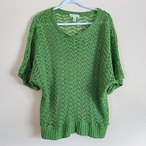 Dressbarn Womens 2X Pullover Sweater Green Open Knit Short Sleeve Gold Metallic